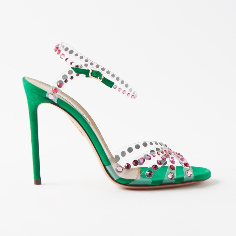NW Aquazurra Olympia 105mm sandal. Green suede with Red crystal embellishments